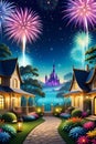 A whimsical garden with new year's eve party, fireworks in a starry night sky, colorful flowers, house, dreamlike, wallpaper