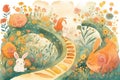 A whimsical garden with a winding path, playful bunnies, buzzing bees, and blooming flowers cartoon style playful mood