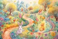 A whimsical garden with a winding path, playful bunnies, buzzing bees, and blooming flowers cartoon style playful mood