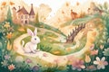 A whimsical garden with a winding path, playful bunnies, buzzing bees, and blooming flowers cartoon style playful mood