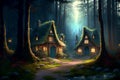 A whimsical generative ai illustration featuring charming gnome houses nestled amongst the lush forest foliage