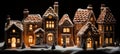 Whimsical gingerbread village with candy cane lamps and marshmallow snowmen in snowy wonderland