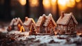 Whimsical gingerbread village in snowy wonderland with candy cane street lamps and snowmen