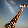 A whimsical giraffe with a twisted neck, playfully reaching for the stars in a surreal sky3, Generative AI