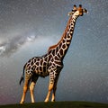 A whimsical giraffe with a twisted, spiral-patterned neck, reaching for the stars in a surreal night sky3, Generative AI