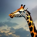 A whimsical giraffe with a twisted, spiral-patterned neck, reaching for the stars in a surreal night sky1, Generative AI
