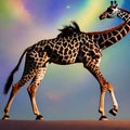 A whimsical giraffe with a twisted, spiral-patterned neck, reaching for the stars in a surreal night sky2, Generative AI