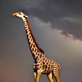 A whimsical giraffe with a twisted, spiral-patterned neck, reaching for the stars in a surreal night sky4, Generative AI