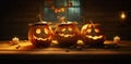 Whimsical Glow: A Group of Playful Illuminated Pumpkins in a Cozy Countryside Setting AI generated