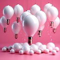 Whimsical Glow: Minimal Conceptual Idea of Light Bulb and Floating Balloon Around White Bulbs on Pink Background