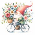 Whimsical Gnome on Bicycle with Flower Basket
