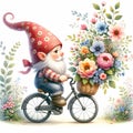 Whimsical Gnome on Bicycle with Flower Basket