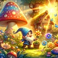 Whimsical Gnome Gardener in a Magical Storybook Setting. Ai generated