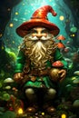 A whimsical gnome with a golden orb in a magical forest, surrounded by glowing mushrooms and lights