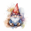 Whimsical Gnome Illustration on Pastel Watercolor Background for Invitations and Scrapbooking.