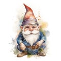 Whimsical Gnome Illustration on a White Watercolor Background for Invitations and Scrapbooking.