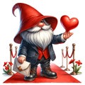 Whimsical red Gnome Valentines on the red carpet wear red long hat and holding red Heart, watercolour clipart