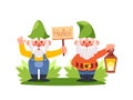 Whimsical Gnomes Gardeners. Small, Bearded Creatures In Pointy Hats, And Cheerful Demeanor. Cute Dwarves