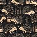 Whimsical Golden Hedgehogs and Gothic Architecture Pattern Royalty Free Stock Photo