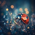In a whimsical golden hour setting, a ladybug rested on a lone blade of grass Royalty Free Stock Photo