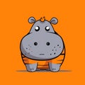 Whimsical Gray Hippo On Orange Background - Cartoon Art