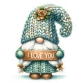 Whimsical green or mint Gnome Valentines wear long woolen hat. with wood sign I LOVE You, watercolour clipart Royalty Free Stock Photo