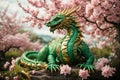 Whimsical green wooden dragon, playfully coiled around a cherry blossom tree, its scales reflecting the vibrant colors of spring,
