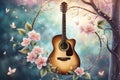 whimsical guitar entwined with magical vines and flowers glows with an ethereal light against a tranquil backdrop
