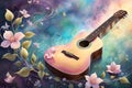 whimsical guitar entwined with magical vines and flowers glows with an ethereal light against a tranquil backdrop