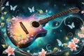 whimsical guitar entwined with magical vines and flowers glows with an ethereal light against a tranquil backdrop