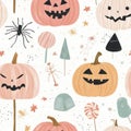 Whimsical Halloween pattern featuring pumpkins, candies, and spooky elements, perfect for festive designs and decorations Royalty Free Stock Photo
