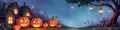 Whimsical halloween scene with glowing pumpkins and enchanted house at twilight Royalty Free Stock Photo