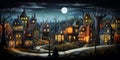 a whimsical Halloween town with quirky houses and friendly monsters.