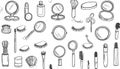 A whimsical hand-drawn collection of makeup tools and accessorie Royalty Free Stock Photo