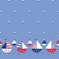 Whimsical Hand-Drawn with Crayons Ships in the Sea Vector Seamless Border and Pattern. Cute Nautical Marine Background