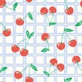 Whimsical hand-drawn doodle cherries and plaid vector seamless pattern background. Classic Summer Fruits Print