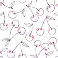 Whimsical hand-drawn doodle cherries vector seamless pattern background. Line Art Summer Fruits