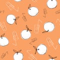 Whimsical hand-drawn doodle oranges and juice vector seamless pattern on orange background. Line Art Summer Fruits Royalty Free Stock Photo