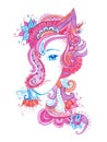 Whimsical hand drawn illustration with watercolor zentangles, female portrait Royalty Free Stock Photo