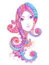 Whimsical hand drawn illustration with watercolor zentangles, female portrait