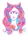 Whimsical hand drawn illustration with watercolor zentangles, female portrait Royalty Free Stock Photo