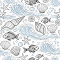 Whimsical hand drawn ocean life seamless pattern featuring seashells fish and starfish Royalty Free Stock Photo