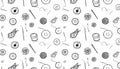 A whimsical, hand-drawn pattern featuring buttons, spools of thr Royalty Free Stock Photo