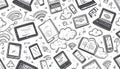 A whimsical hand-drawn pattern featuring various electronic devi Royalty Free Stock Photo