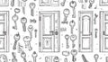 A whimsical, hand-drawn pattern featuring various keys and doors Royalty Free Stock Photo