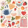 kitchen and garden illustrations with a whimsical, hand-painted style. Include a jar of blueberries, a bowl of Royalty Free Stock Photo