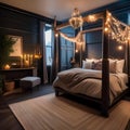 A whimsical Harry Potter-inspired bedroom with a four-poster bed and magical floating candles3