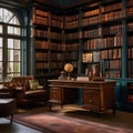 A whimsical Harry Potter-inspired study with book-lined walls, potion bottles, and antique globes2