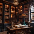 A whimsical Harry Potter-inspired study with book-lined walls, potion bottles, and antique globes5