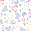 Whimsical Hearts in Blue Red and Yellow, seamless repeat vector pattern, valentines or 4th of July